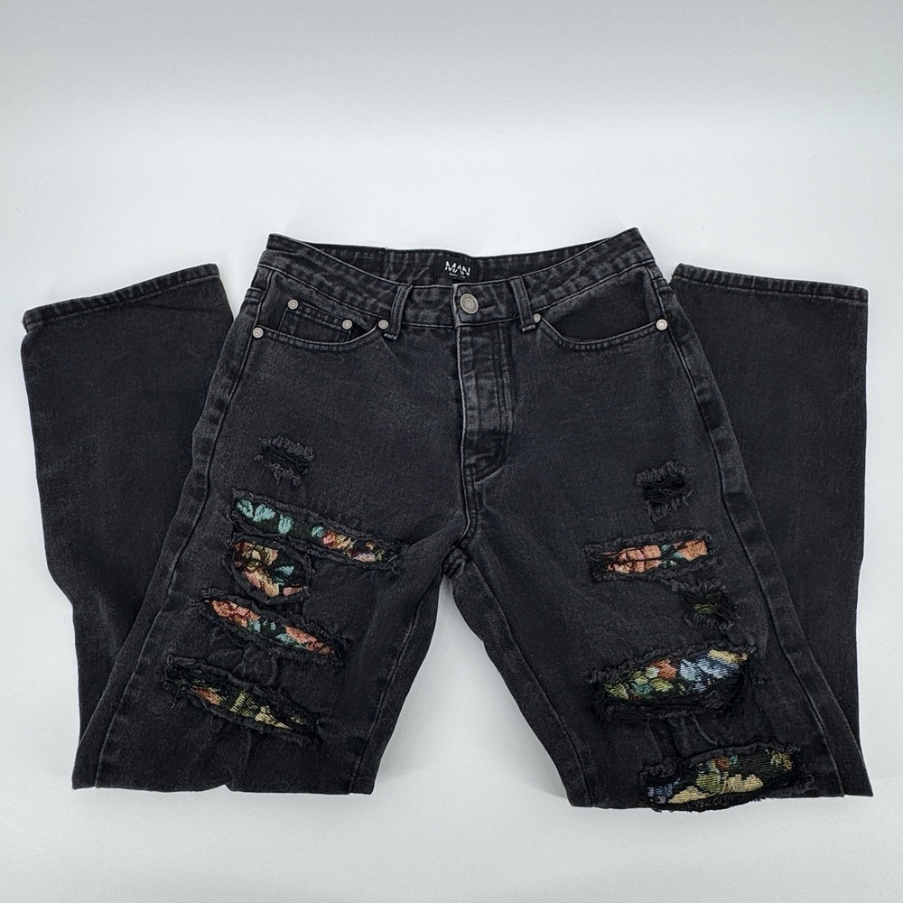 boohooMAN Men's 30 Black Distressed Ripped Jeans Colorful Patchwork Y2K Grunge